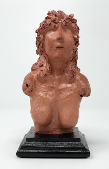 Female Bust, hand formed clay sculpture on wood thumb