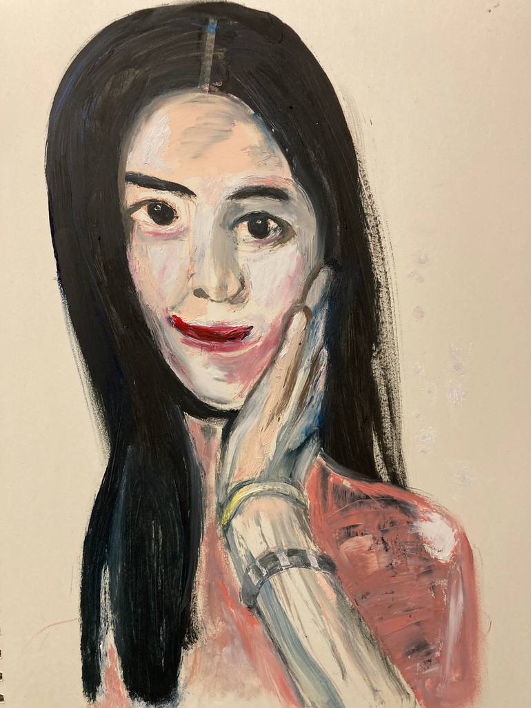 Original Love Painting by Stephen Phillips | Impressionism Art on Paper | Copy of The Woman with Long Black Hair