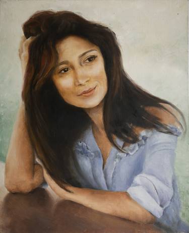 Oil painting on canvas.Portrait of a brunette in a blue blouse.She dreams of summer thumb