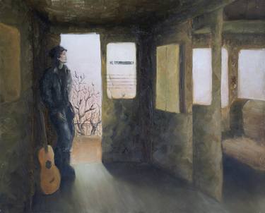 Oil painting on canvas " Victor Tsoi with a guitar in a train car."The vestibule at sunset.Artist thumb