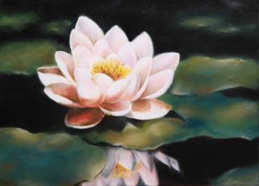 Oil painting " white sacred Lotus reflected in the water surface of the pond." Oil painting on canvas, white large flower, white Lily.Macro art thumb