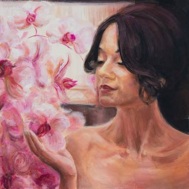 Original acrylic painting on canvas.Self-portrait with orchids.Nude brunette with delicate pink flowers thumb