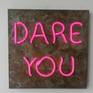 Carefully etched steel plate with the advice "Dare You" in neon style EL wire. Is this advice intended for you or someone you know? Or maybe everyone who uses your bathroom? Or bedroom?
Stands proud from the wall by steel frame. Beautiful artwork made luminescent by turning on.
Did I mention this baby also flashes if needed? See video for more detail.
Supplied with two AA batteries. Unlike neon, EL Wire is cool to the touch and is more robust as not made of glass. Ready to hang/lean