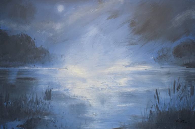 Original Landscape Painting by David Ruiz | Abstract Art on Canvas | Foggy night on the lake