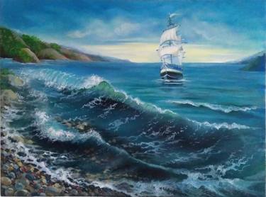 Oil painting ship at sea thumb