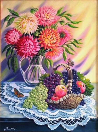 Oil painting summer bouquet and fruit thumb
