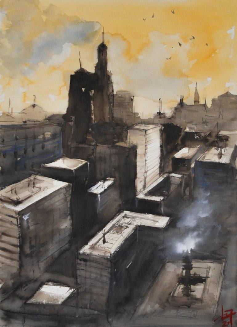 Original Architecture Painting by Flavio Furlan | Impressionism Art on Paper | Vannilla sky