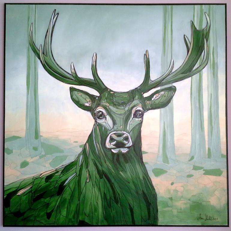 green deer Painting by Anna Hubsch | Saatchi Art