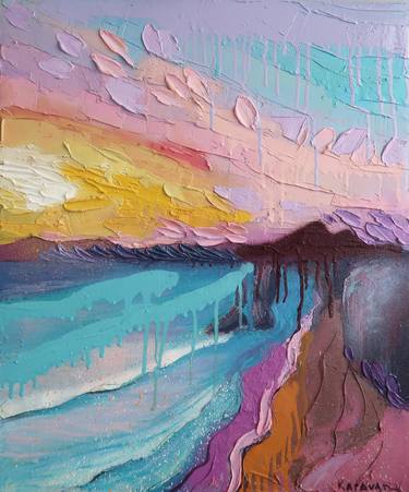 Nostalgic love - seascape oil painting, sunset view, beach thumb