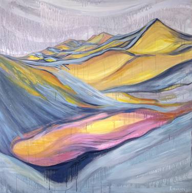 "The high moment" - XXL oil painting, yellow and blue mountains thumb