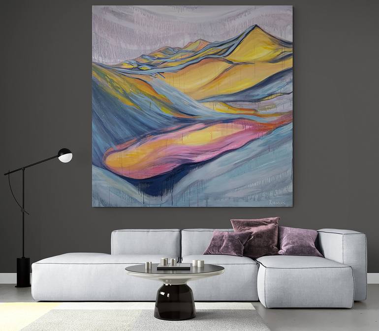 The High Moment - Xxl Oil Painting, Yellow And Blue Mountains Painting 