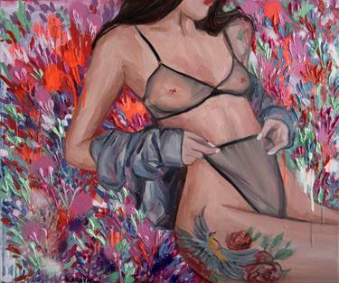 “In full bloom” - impressionistic floral painting, woman body, pink and red, tattoo girl, erotic nude, impasto thumb