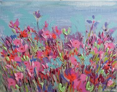The fragrant meadow - abstract floral oil painting, pink flowers thumb
