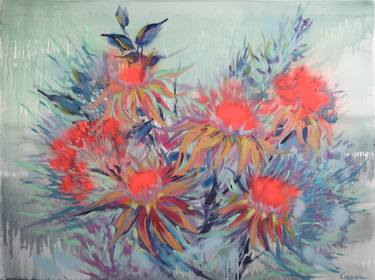 Lotus land - abstract floral painting, neon orange, pale green thumb