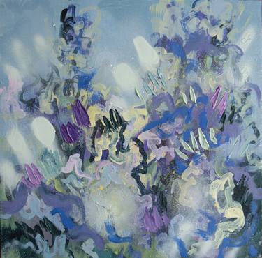 "Smoothly sweet" - abstract nature painting, blue florals thumb