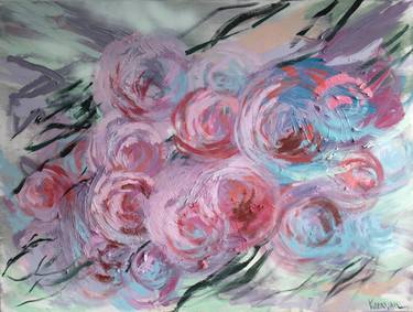 "Come closer" - floral oil painting, abstract pink roses thumb