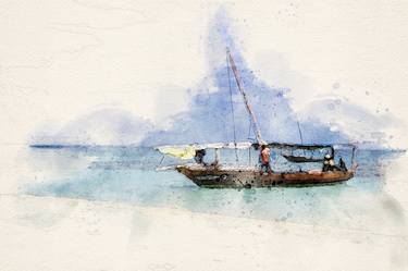 Dhows On Blue Water In Zanzibar Watercolor thumb