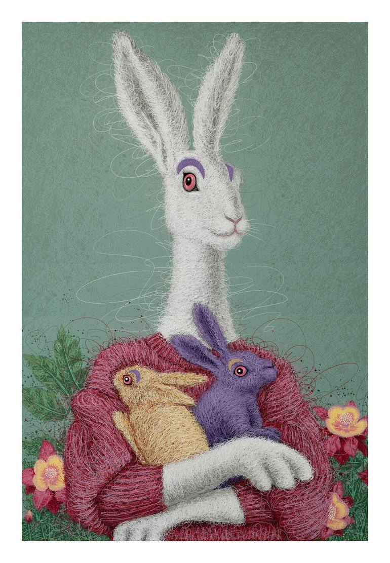 Rabbit Mother and Child, Cute Animals Print, Screen Painting