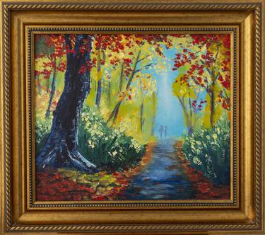 Landscape Painting Oil on Canvas in frame. Autumn in the forest. Yellow foliage and grass. Trees in gold. Loving couple on the path thumb