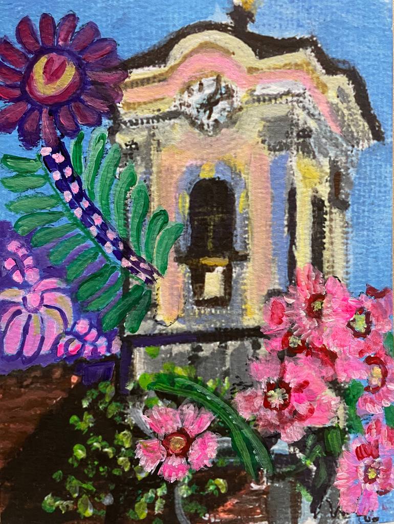 Original Architecture Mixed Media by Szabo Eszter | Figurative Art on Fine Art Paper | Time and petals