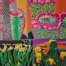 Small pictures in a big picture. Diverse world and flower of cacti on canvas.