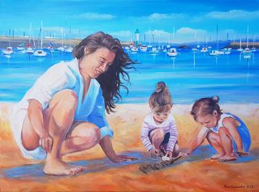 Mother with children on the beach thumb
