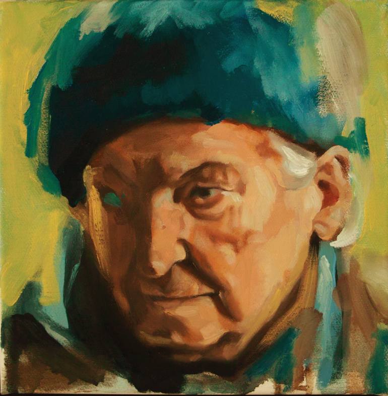 old woman with blue hat Painting by Dora Ragusa