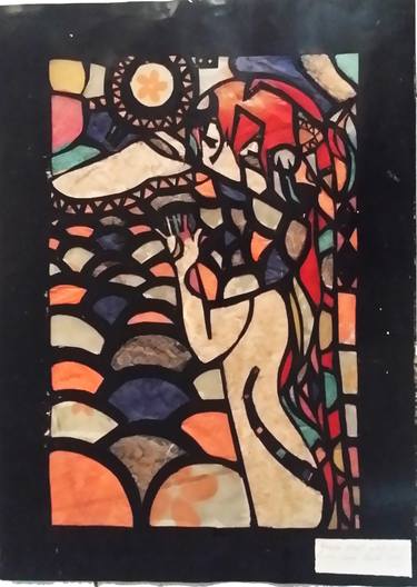 Original Tissue Paper Stained Glass Elfen Lied Art By Gustav Klimt The Hug thumb