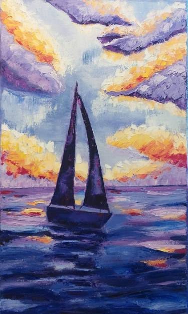 July morning - sea ocean boat abstract original oil painting thumb