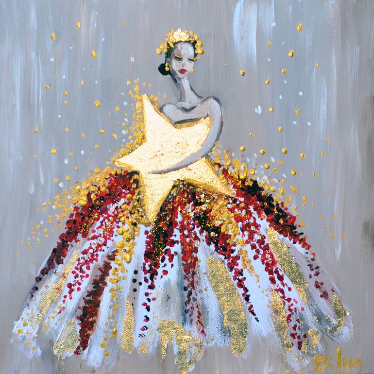 Magic silhouette girl with GOLD star acrylic painting on canvas