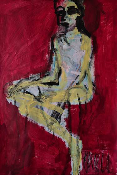 Sitting woman with red background thumb