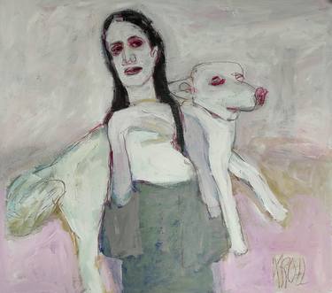 Girl with a white dog thumb