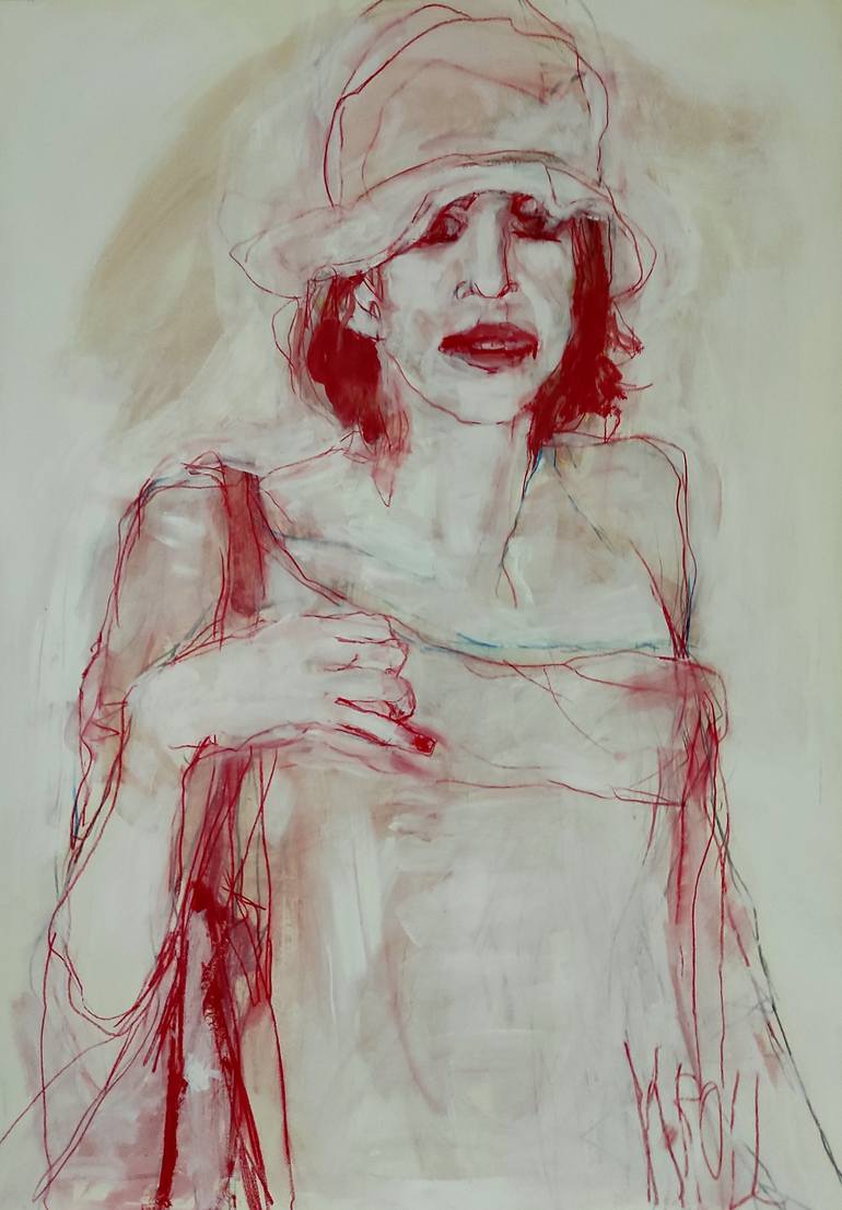 Red woman with hat Drawing by Barbara Kroll | Saatchi Art