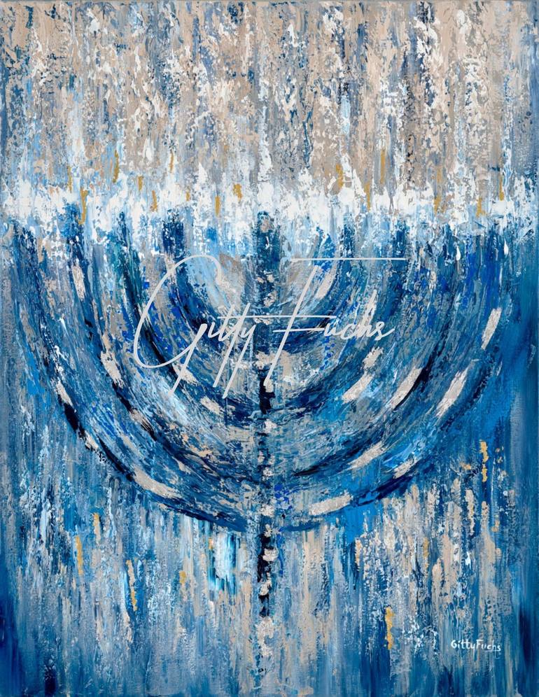 Menorah Vibe Abstract Blue neutrals Painting by Gitty Fuchs