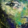 Charming mysterious stranger in the light of night lights.  Her gaze shines like the glare of a star from deep darkness. 
Acrylic painting, the structural technique of painting. Size:30x30(cm)