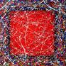 An interesting combination of two masters of painting: Pollock + Malevich, "Red Square" and dripping technique.  As a result, interesting work, suitable for any interior, it is like a spider's web, pulls into its "nets".  Stylish, modern and unique.
