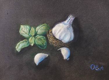 Garlic and basil. Original pencil drawing from life, gift art, small size. thumb