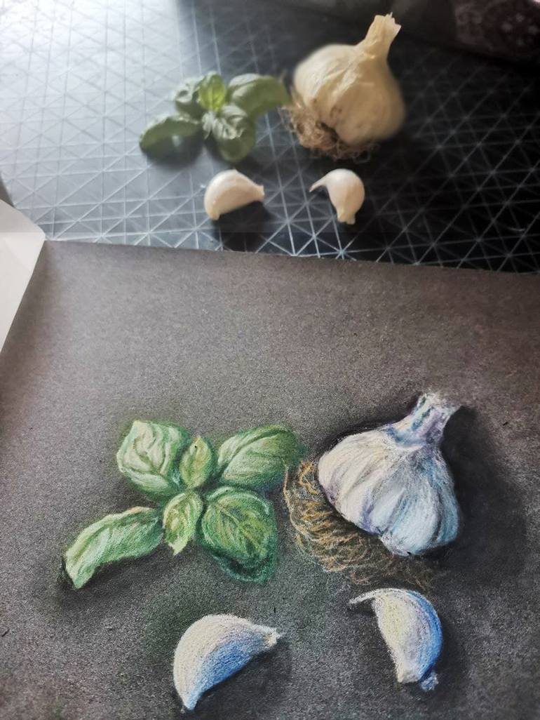 Garlic and basil. Original pencil drawing from life gift art