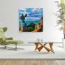 Cactus seaview. Sicily. Sea, original oil painting, gift art, big size, hyperrealism, blue