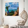 Cactus seaview. Sicily. Sea, original oil painting, gift art, big size, hyperrealism, blue