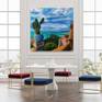 Cactus seaview. Sicily. Sea, original oil painting, gift art, big size, hyperrealism, blue