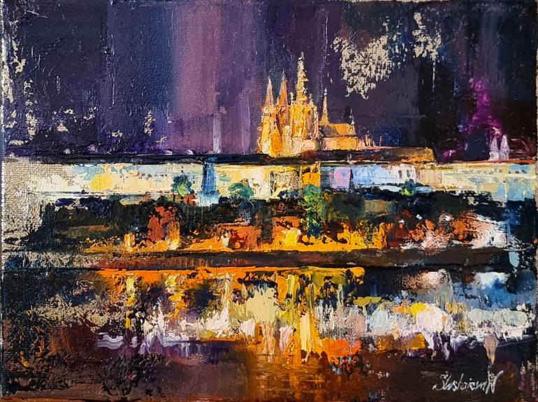 Original Architecture Painting by Natal'ia Slushaeva | Impressionism Art on Canvas | Lights of Prague