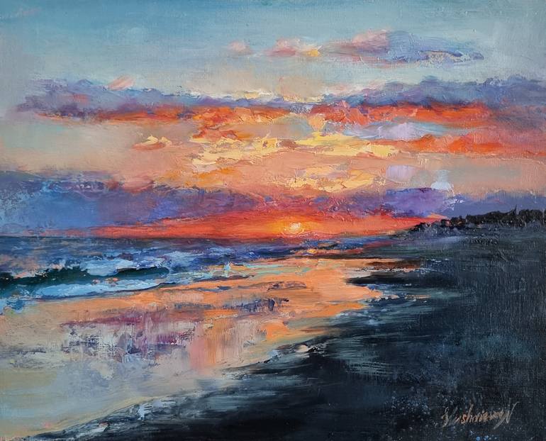 Original Seascape Painting by Natal'ia Slushaeva | Expressionism Art on Canvas | Sunset by the Sea
