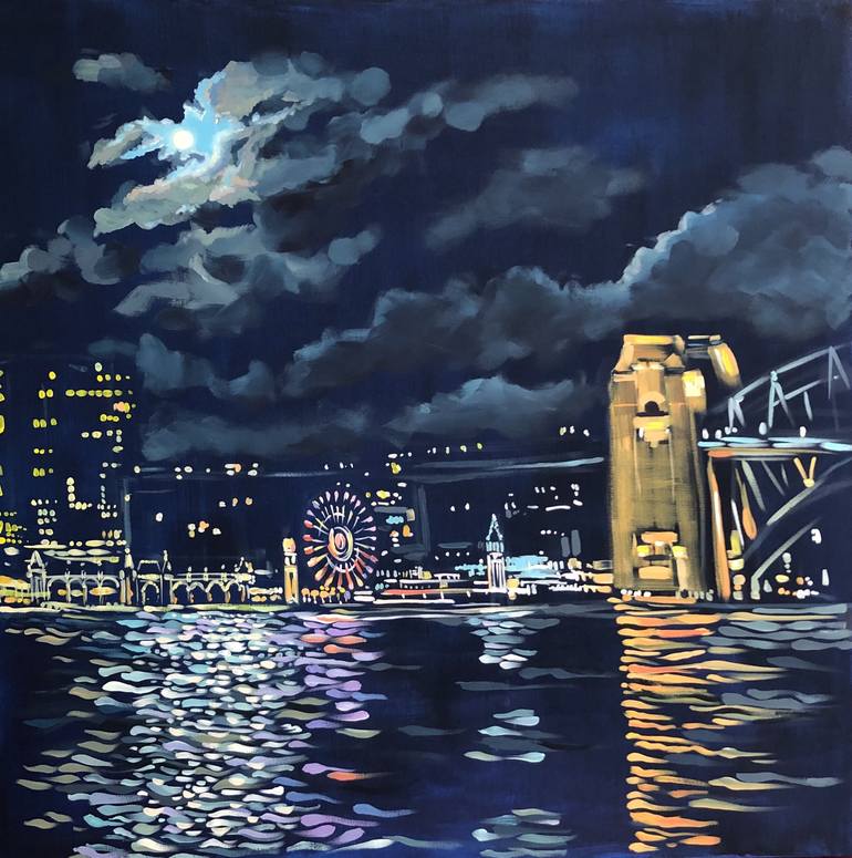 Full Moon Over Sydney Harbour Painting By Valentyna Crane