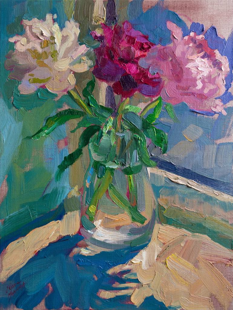 Peonies on the Windowsill Painting by Elena Morozova | Saatchi Art