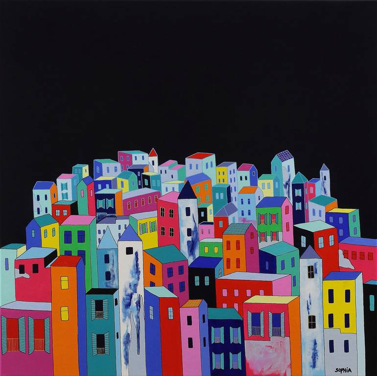 Village on a hill Painting by Sophia Heeres | Saatchi Art