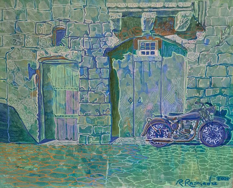 Original Architecture Painting by Ramaz Razmadze | Contemporary Art on Canvas | Old Motorcycle