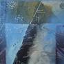 This is a playful painting with silk collage, which creates the depth and special color nuances. It is an abstracted landscape but with your added imagination, you will see a lot of nature details, rocks, night sky, tree shadows and the mountains.
Sides are painted mottled black and the painting is ready to hang.