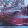 This is a playful painting with silk collage, which creates the depth and special color nuances. It is an abstracted landscape but with your added imagination, you will see a lot of nature details, rocks, night sky, tree shadows and the mountains.
Sides are painted mottled black and the painting is ready to hang.