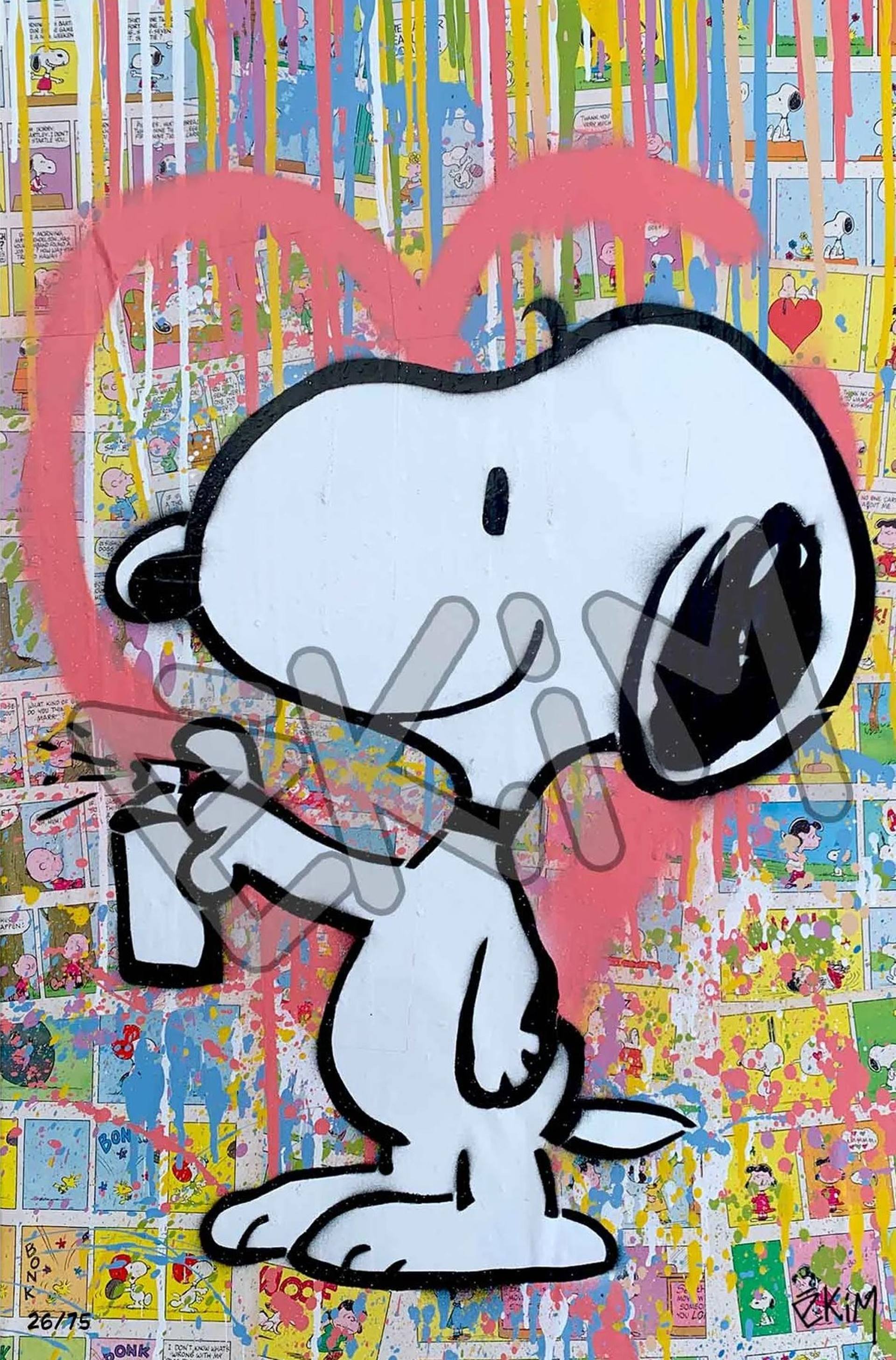Snoopy with Pink Heart Street Art Graffiti on Comics Mixed Media